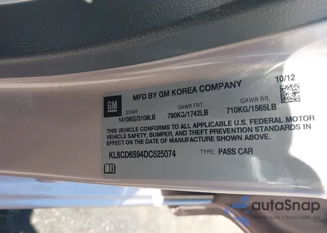 2013 Chevrolet Spark 1Lt Auto from USA, damaged, VIN KL8CD6S94DC525074